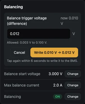 BMS settings: підтвердження «було → стане»