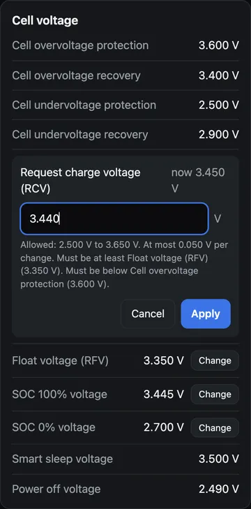 BMS settings: зміна параметра — межі й підказка