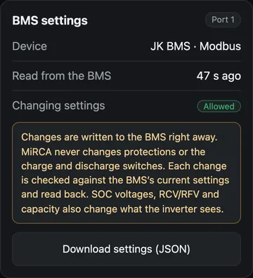 BMS settings: стан, дозвіл змін, резервна копія
