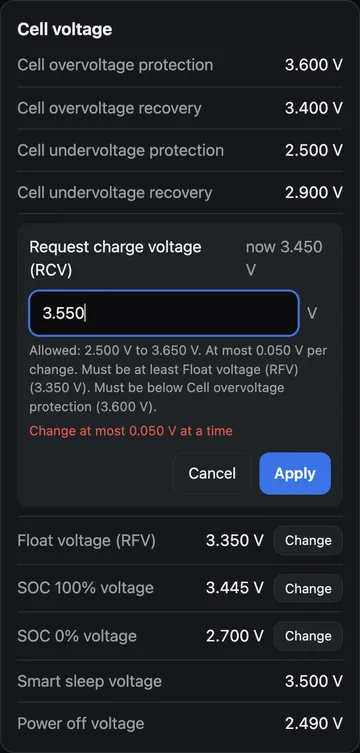 BMS settings: значення поза дозволеним кроком