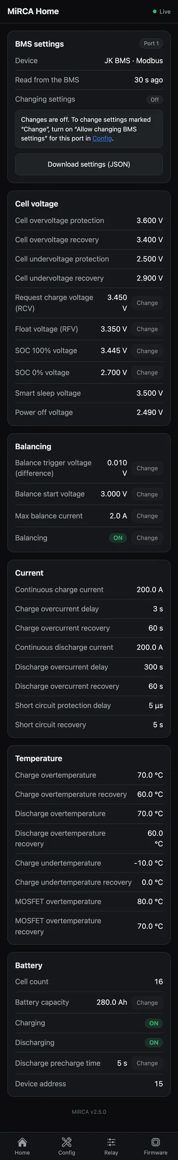 BMS settings: усі налаштування BMS, зміни вимкнено