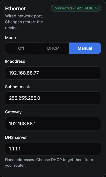 Config: Ethernet (Off, DHCP, Manual)