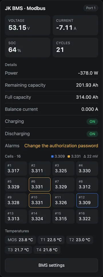 Картка JK BMS: напруга, струм, SOC, комірки, температури