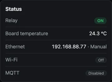 Картка Status: реле, температура плати, мережі, MQTT