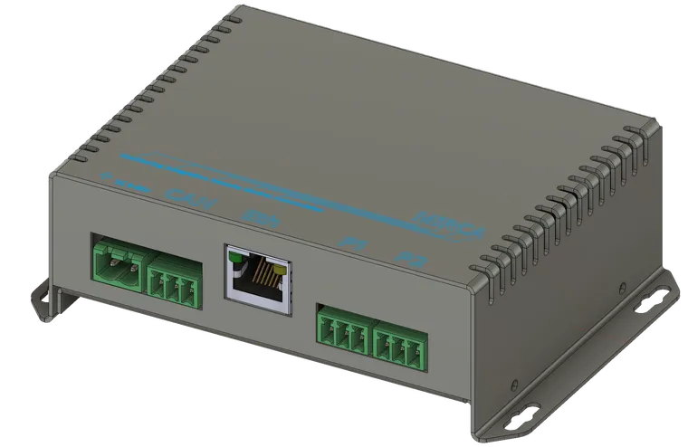 Корпус MiRCA спереду. Зліва направо роз’єми живлення, CAN, Ethernet (Eth), порти P1 і P2
